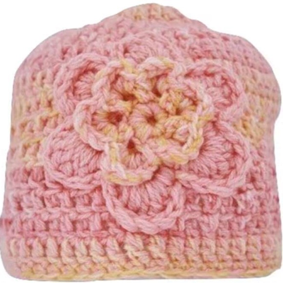 Homemade Hand Crocheted Pink & Yellow Flower Beanie Winter Hat - Picture 1 of 2